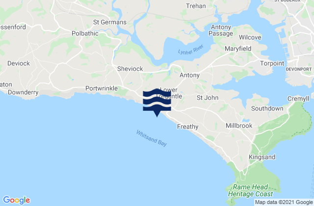 Mappa delle maree di Tregantle Beach, United Kingdom
