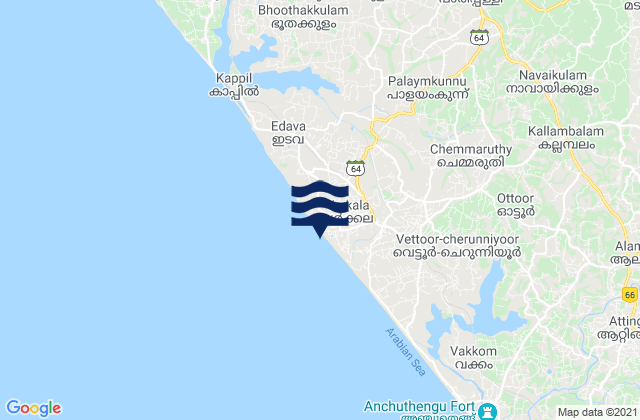 Mappa delle maree di Varkala, India