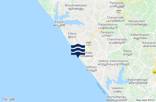 Mappa delle maree di Varkkallai, India