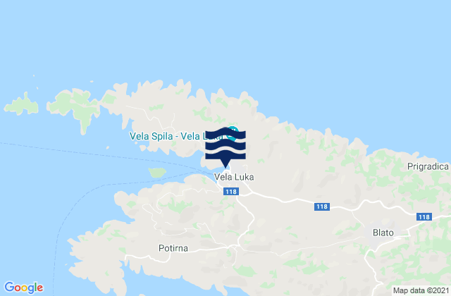 Mappa delle maree di Vela Luka, Croatia