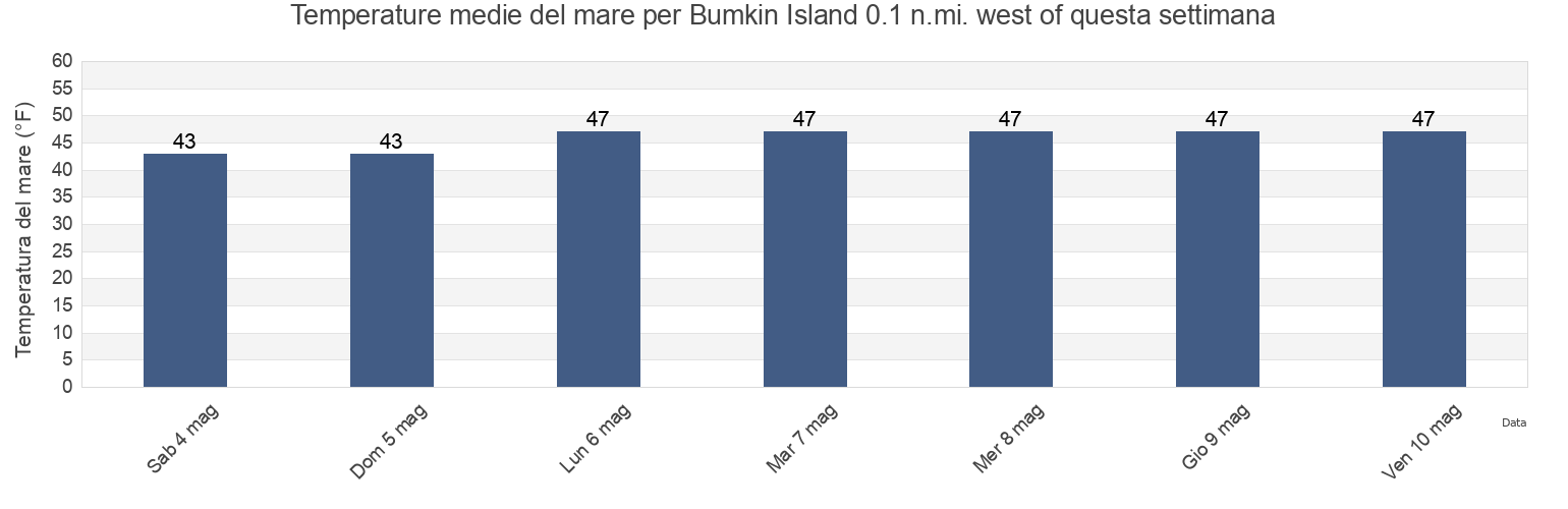 Temperature del mare per Bumkin Island 0.1 n.mi. west of, Suffolk County, Massachusetts, United States questa settimana