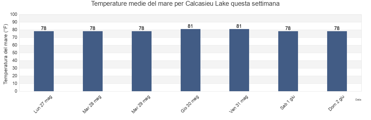Temperature del mare per Calcasieu Lake, Cameron Parish, Louisiana, United States questa settimana