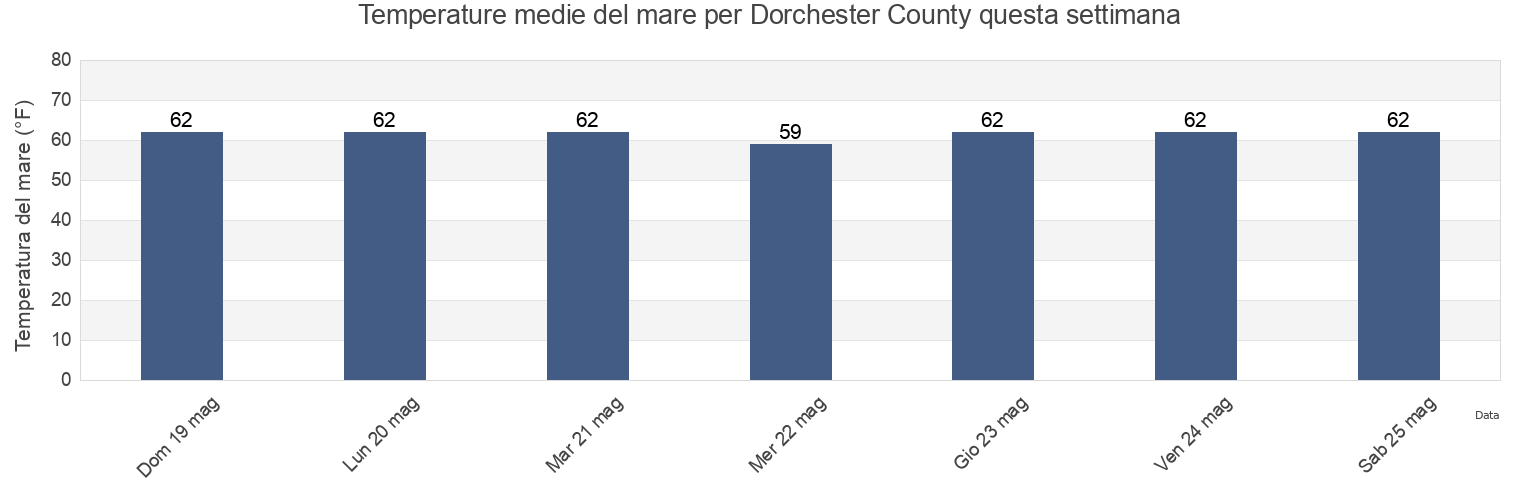Temperature del mare per Dorchester County, Maryland, United States questa settimana