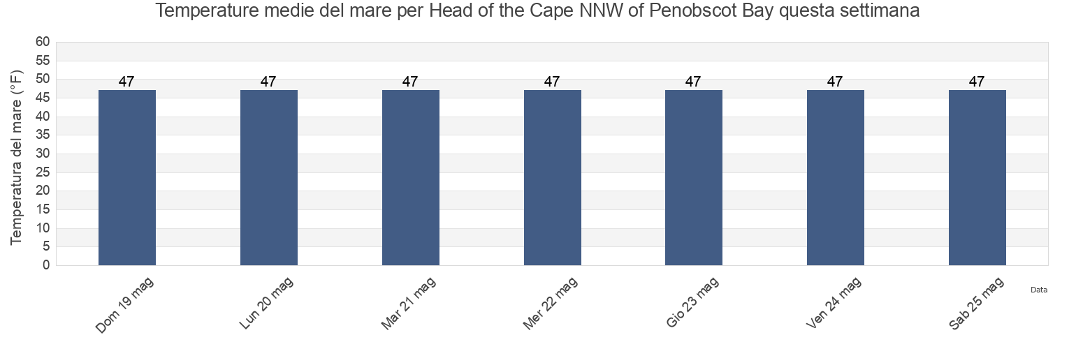 Temperature del mare per Head of the Cape NNW of Penobscot Bay, Knox County, Maine, United States questa settimana