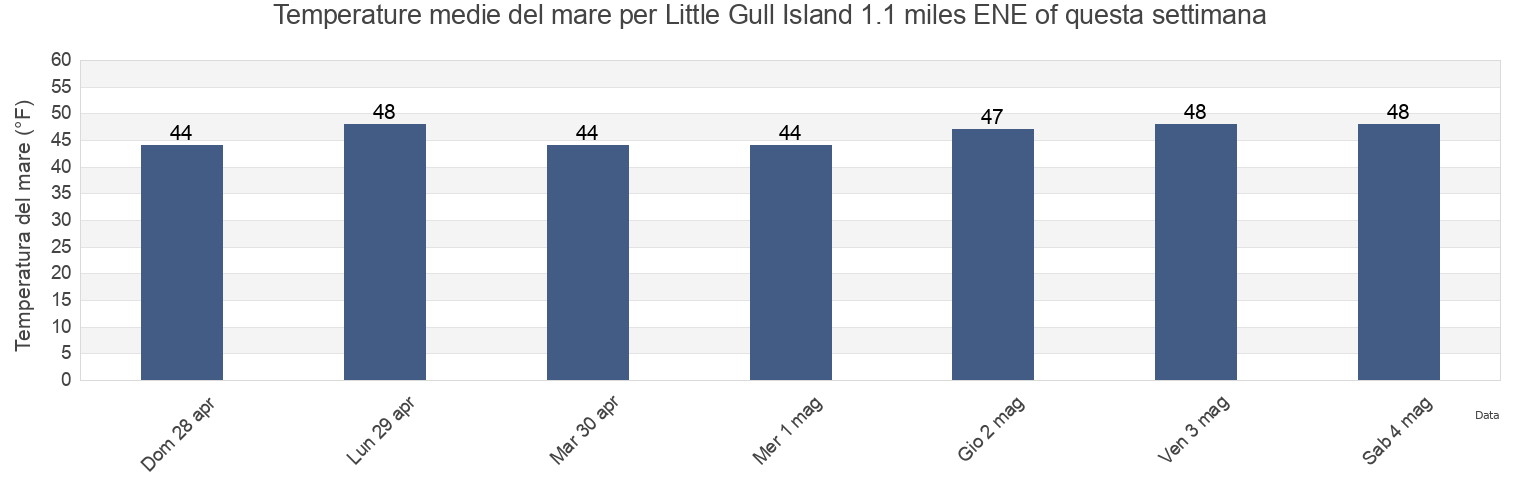 Temperature del mare per Little Gull Island 1.1 miles ENE of, New London County, Connecticut, United States questa settimana