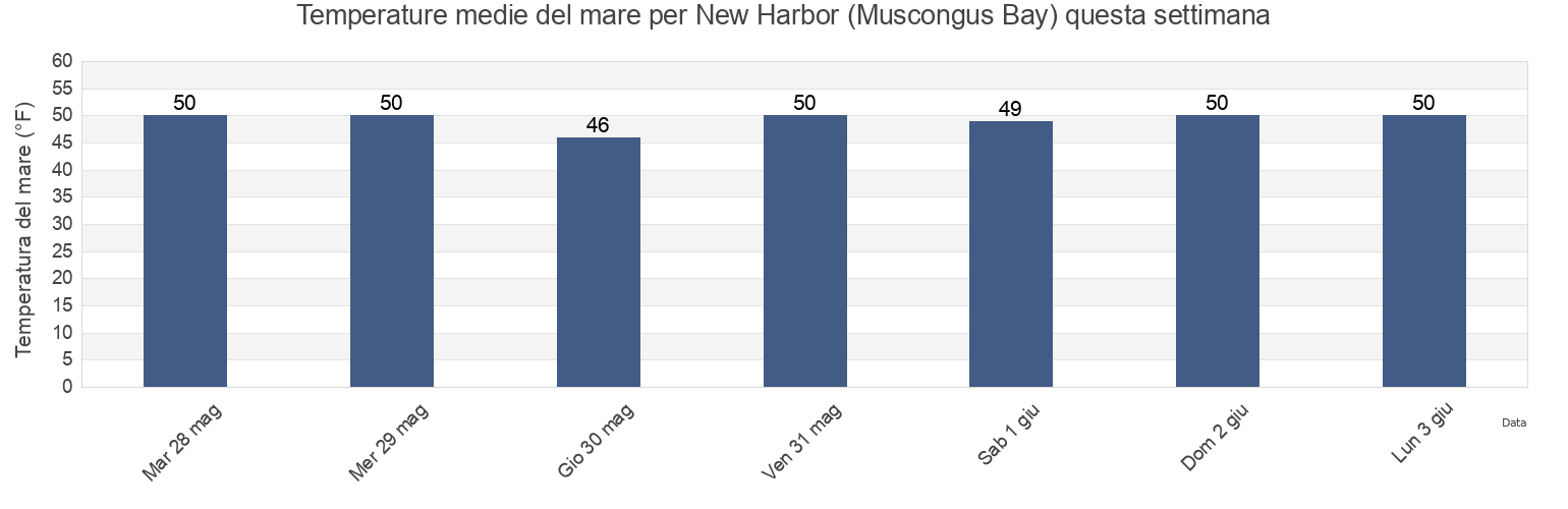 Temperature del mare per New Harbor (Muscongus Bay), Sagadahoc County, Maine, United States questa settimana