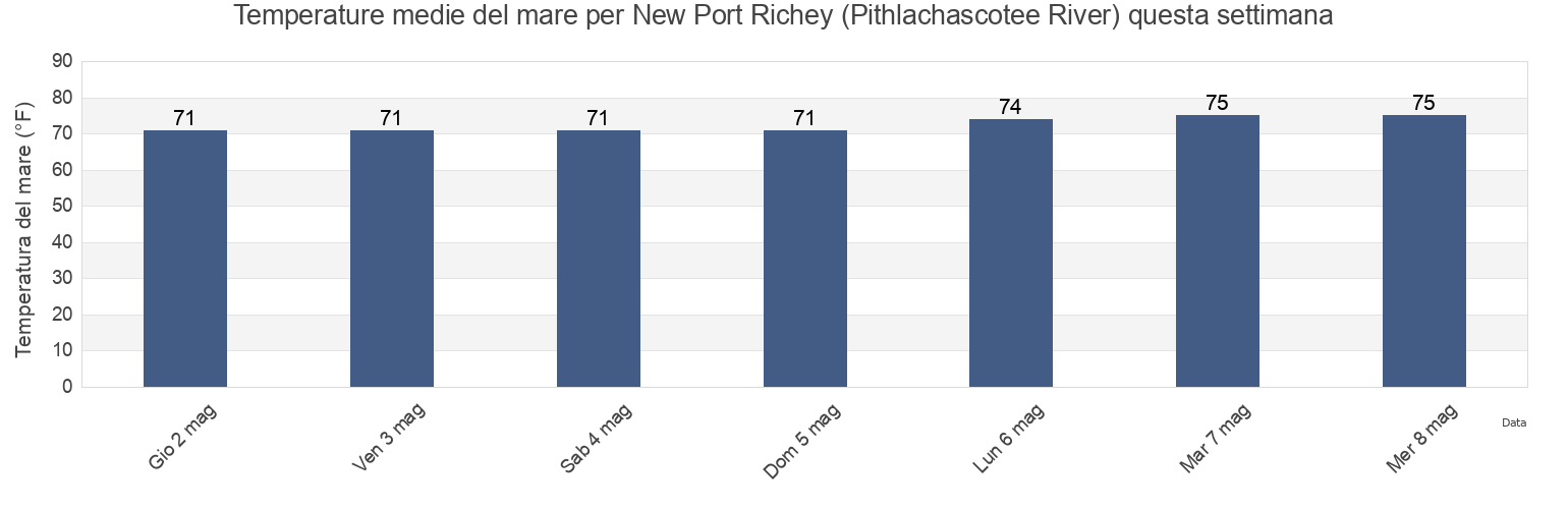 Temperature del mare per New Port Richey (Pithlachascotee River), Pasco County, Florida, United States questa settimana