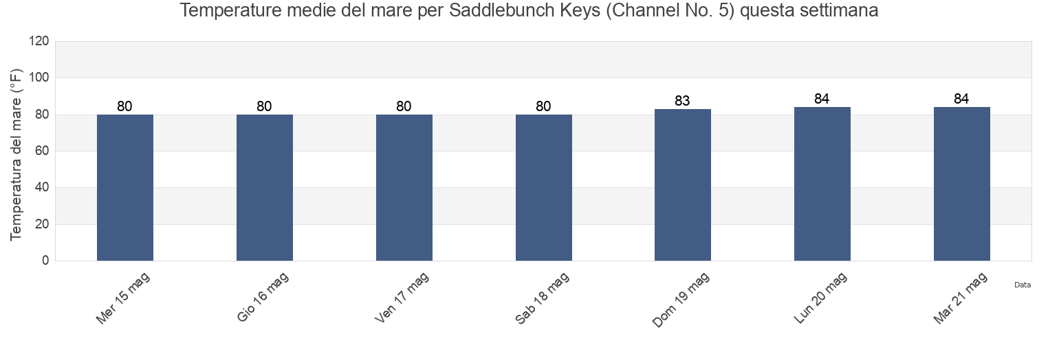 Temperature del mare per Saddlebunch Keys (Channel No. 5), Monroe County, Florida, United States questa settimana