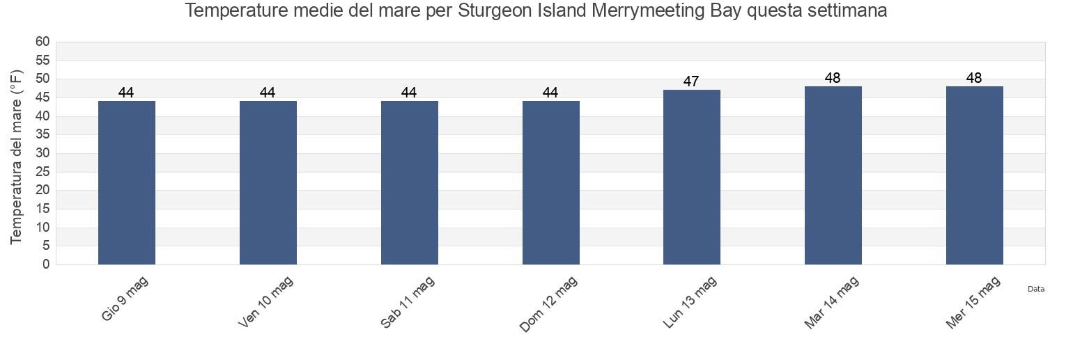 Temperature del mare per Sturgeon Island Merrymeeting Bay, Sagadahoc County, Maine, United States questa settimana