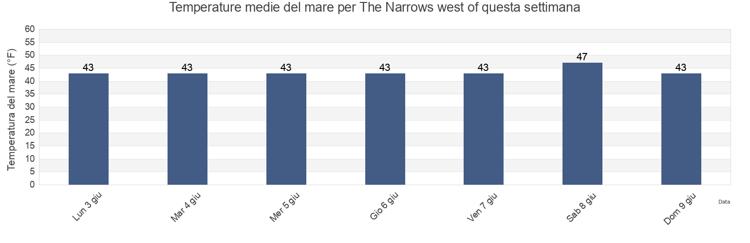 Temperature del mare per The Narrows west of, City and Borough of Wrangell, Alaska, United States questa settimana