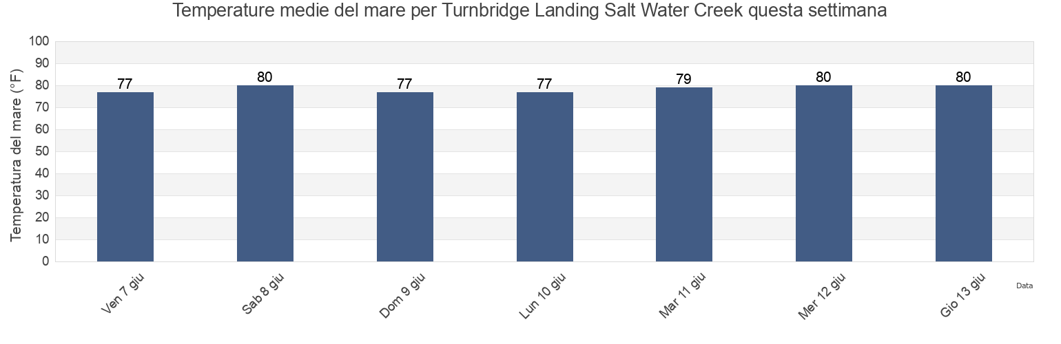Temperature del mare per Turnbridge Landing Salt Water Creek, Chatham County, Georgia, United States questa settimana