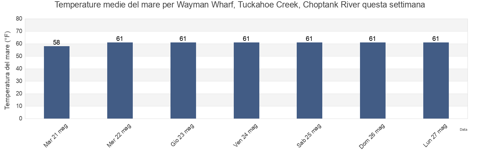 Temperature del mare per Wayman Wharf, Tuckahoe Creek, Choptank River, Caroline County, Maryland, United States questa settimana