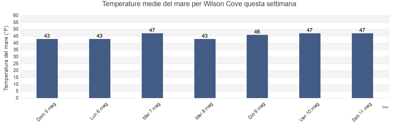 Temperature del mare per Wilson Cove, Sagadahoc County, Maine, United States questa settimana